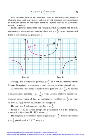 71
10. Функція y
k
x
= .та її графік
Аналогічно можна встановити, що зі зменшенням модуля
абсциси відстані від точок графіка до осі ординат зменшуються
та����������������������������������������������������������
можуть стати як завгодно малими, проте ніколи не дорівню-
ватимуть нулю.
Якби вдалося позначити на координатній площині всі точки,
координати яких задовольняють рівняння y
x
=
6
, то ми отримали б
фігуру, зображену на рисунку 5.
0 1
1
x
y
6
y
x

0 1
1 x
y
6
y
x
= −
Рис. 5 Рис. 6
Фігуру, яка є графіком функції y
k
x
= , де k ≠ 0, називають гіпер-
болою. Гіпербола складається з двох частин — віток гіперболи.
Зауважимо, що коли є правильною рівність y
k
x
0
0
= , то також
є  правильною рівність  

y
k
x
0
0
. Тоді можна зробити такий ви­
сновок: якщо точка A  (x0;  y0) належить гіперболі y
k
x
= , то точ-
ка B (–x0; –y0) також належить цій гіперболі.
На рисунку 5 зображено гіперболу y
x
=
6
.
Якщо k    0, то вітки гіперболи розміщені в  I і  ІІІ чвертях,
а якщо k  0 — то в ІІ і ІV чвертях.
На рисунку 6 зображено графік функції y
x
 
6
. Вітки гіперболи
y
x
 
6
розміщені в ІІ і ІV чвертях.
Право для безоплатного розміщення підручника в мережі Інтернет має
Міністерство освіти і науки України http://mon.gov.ua/ та Інститут модернізації змісту освіти https://imzo.gov.ua
 