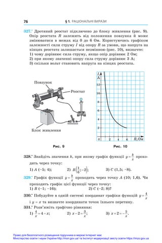 § 1. Раціональні вирази
76
327.•
 Дротяний реостат підключено до блоку живлення (рис. 9).
Опір реостата R залежить від положення повзунка й  може
змінюватися в межах від 0 до 6 Ом. Користуючись графіком
залежності сили струму I від опору R за умови, що напруга на
кінцях реостата залишається незмінною (рис. 10), визначте:
1) чому дорівнює сила струму, якщо опір дорівнює 2 Ом;
2) при якому значенні опору сила струму дорівнює 3 А;
3) скільки вольт становить напруга на кінцях реостата.
Ðåîñòàò
Ïîâçóíîê
Áëîê æèâëåííÿ
0
12
I,
À
10
8
6
4
2
2 4 6 R,Îì
Рис. 9 Рис. 10
328.•
 Знайдіть значення k, при якому графік функції y
k
x
= прохо-
дить через точку:
1) A (–5; 4);	 2) B
1
6
2
; ;
−
( ) 	 3) C (1,5; –8).
329.•
 Графік функції y
k
x
= проходить через точку A (10; 1,6). Чи
проходить графік цієї функції через точку:
1) B (–1; –16);	 2) C (–2; 8)?
330.•
 Побудуйте в одній системі координат графіки функцій y
x
=
4
і y = x та визначте координати точок їхнього перетину.
331.•
 Розв’яжіть графічно рівняння:
1)
4
4
x
x
  ;	 2) x
x
 
2
3
;	 3) x
x
  
2
5
.
Право для безоплатного розміщення підручника в мережі Інтернет має
Міністерство освіти і науки України http://mon.gov.ua/ та Інститут модернізації змісту освіти https://imzo.gov.ua
 