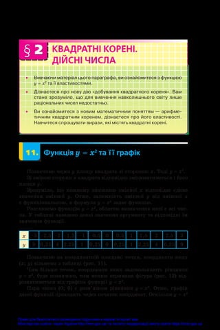 § 2 КВАДРАТНІ КОРЕНІ.
ДІЙСНІ ЧИСЛА
•
• Вивчаючи матеріал цього параграфа, ви ознайомитеся з функцією
y = x2
та її властивостями.
•
• Дізнаєтеся про нову дію «добування квадратного кореня». Вам
стане зрозуміло, що для вивчення навколишнього світу лише
раціональних чисел недостатньо.
•
• Ви ознайомитеся з новим математичним поняттям — арифме-
тичним квадратним коренем, дізнаєтеся про його властивості.
Навчитеся спрощувати вирази, які містять квадратні корені.
	 11.	 Функція y = x2
 та її графік
Позначимо через y площу квадрата зі стороною x. Тоді y = x2
.
Зі зміною сторони x квадрата відповідно змінюватиметься і його
площа y.
Зрозуміло, що кожному значенню змінної x відповідає єдине
значення змінної y. Отже, залежність змінної y від змінної x
є функціональною, а формула y = x2
задає функцію.
Розглянемо функцію y = x2
, областю визначення якої є всі чис-
ла. У таблиці наведено деякі значення аргументу та відповідні їм
значення функції.
x –3 –2,5 –2 –1,5 –1 –0,5 0  0,5 1 1,5 2 2,5 3
y 9 6,25 4 2,25 1 0,25 0 0,25 1 2,25 4 6,25 9
Позначимо на координатній площині точки, координати яких
(x; y) візьмемо з таблиці (рис. 11).
Чим більше точок, координати яких задовольняють рівняння
y = x2
, буде позначено, тим менше отримана фігура (рис. 12) від-
різнятиметься від графіка функції y = x2
.
Пара чисел (0; 0) є розв’язком рівняння y = x2
. Отже, графік
даної функції проходить через початок координат. Оскільки y = x2
Право для безоплатного розміщення підручника в мережі Інтернет має
Міністерство освіти і науки України http://mon.gov.ua/ та Інститут модернізації змісту освіти https://imzo.gov.ua
 