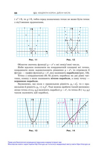 § 2. Квадратні корені. Дійсні числа
84
і x2
0
l , то y l 0, тобто серед позначених точок не може бути точок
з від’ємними ординатами.
0 1
1
x
y
y0
0 1
1
x
y
A
B
x0
–x0
Рис. 11 Рис. 12
Областю значень функції y = x2
є всі невід’ємні числа.
Якби вдалося позначити на координатній площині всі точки,
коор­
динати яких задовольняють рівняння y = x2
, то отримали б
фігуру — графік функції y = x2
, яку називають параболою (рис. 13).
Точка з координатами (0; 0) ділить параболу на дві рівні час-
тини, кожну з яких називають віткою параболи, а саму точку —
вершиною параболи.
Зауважимо, що коли є правильною рівність y x
0 0
2
= , то є пра-
вильною й рівність y x
0 0
2
 
( ) . Тоді можна зробити такий висновок:
якщо точка A (x0; y0) належить параболі y = x2
, то точка B (–x0; y0)
також належить цій параболі.
0 1
1
x
y
0 1 2
1
–1 x
y
y
=
x
+
2
y = x2
Рис. 13 Рис. 14
Право для безоплатного розміщення підручника в мережі Інтернет має
Міністерство освіти і науки України http://mon.gov.ua/ та Інститут модернізації змісту освіти https://imzo.gov.ua
 