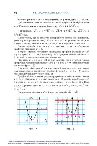 § 2. Квадратні корені. Дійсні числа
90
Узагалі, рівність a b
= виконується за умови, що b l 0 і b2
 = a.
Цей висновок можна подати в  іншій формі: для будь-якого
невід’ємного числа a справедливо, що a l 0 і  a a
( ) =
2
.
Наприклад, 4 0
l і  4 4
2
   , 2 0
l і  2 2
2
   , 5 2 0
, l і 
5 2 5 2
2
, , .
  
Наголосимо, що до поняття квадратного кореня ми прийшли,
розв’язуючи рівняння виду x2
 = a, де a l 0. Коренями цього рів-
няння є числа, кожне з яких є квадратним коренем із числа a.
Пошук коренів рівняння x2
 = a проілюструємо, розв’язавши
графічно рівняння x2
 = 4.
В одній системі координат побудуємо графіки функцій y = x2
і y = 4 (рис. 17). Точки перетину цих графіків мають абсциси 2
і –2, які і є коренями заданого рівняння.
Рівняння x2
 = a при a  0 не має коренів, що підтверджується
графічно: графіки функцій y = x2
і y = a при a  0 спільних точок
не мають (рис. 18).
При a = 0 рівняння x2
 = a має єдиний корінь x = 0, що також
підтверджується графічно: графіки функцій y = x2
і y = 0 мають
тільки одну спільну точку (рис. 18).
Графічний метод також дає змогу зробити такий висновок: якщо
a  0, то рівняння x2
 = a має два корені. Справді, парабола y = x2
і пряма y = a, де a  0, мають дві спільні точки (рис. 18). При
цьому коренями рівняння x2
 = a є числа a і − a. Дійсно, a a
  
2
,

  
a a
2
.
Наприклад, рівняння x2
 = 5 має два корені: 5 і − 5.
0 1 2
–2
1
x
y
y = 4
0 1
1
x
y
a
a
–
y = a,
y = a,
y = a,
a  0
a = 0
a  0
Рис. 17 Рис. 18
Право для безоплатного розміщення підручника в мережі Інтернет має
Міністерство освіти і науки України http://mon.gov.ua/ та Інститут модернізації змісту освіти https://imzo.gov.ua
 