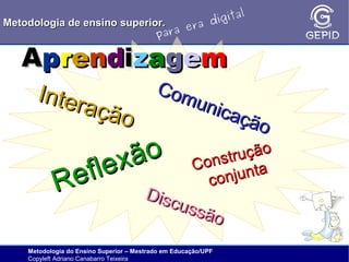 l
gita
i
Metodologia de ensino superior.
ra d
e
ara
p

Aprendizagem
Inter
ação

Com
unic
açã
o

ão
ex
fl
Re
Disc

ução
nstr
Co
junta
con

cuss
ão

Metodologia do Ensino Superior – Mestrado em Educação/UPF
Copyleft Adriano Canabarro Teixeira

 