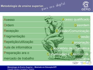 l
gita
i
Metodologia de ensino superior.
ra d
e
ara
p

Acesso

Acesso qualificado

Ordem

Desordem

Recepção

Emissão/Comunicação

Fragmentação

Coesão

Repetição/utilização
Aula de informática
Preparação ara o
mercado de trabalho

Apropriação
Laboratório de informática
Comunicação e Exercício da
cidadania

Metodologia do Ensino Superior – Mestrado em Educação/UPF
Copyleft Adriano Canabarro Teixeira

 