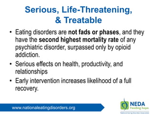 www.nationaleatingdisorders.org
Serious, Life-Threatening,
& Treatable
• Eating disorders are not fads or phases, and they
have the second highest mortality rate of any
psychiatric disorder, surpassed only by opioid
addiction.
• Serious effects on health, productivity, and
relationships
• Early intervention increases likelihood of a full
recovery.
 