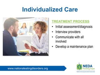 www.nationaleatingdisorders.org
Individualized Care
TREATMENT PROCESS
• Initial assessment/diagnosis
• Interview providers
• Communicate with all
involved
• Develop a maintenance plan
 