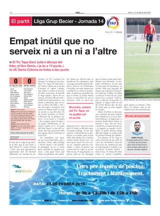 2 Dilluns, 15 de febrer del 2016
Truca’ns al 800 215
Horari: de 9h a 13:30h i de 15h a 18h
Curs per tècnics de piscina:
Tractament i Manteniment.
Connecta’t a www.ecotecnic.com També pots trobar-nos a
DATA: 23 DE FEBRER 2016
El partit Lliga Grup Becier - jornada 14
El títol de la Lliga Grup Beci-
er fa dies que té una flaire a
Don Denis FC Santa Coloma
i l’únic que està aguantant la
superioritat dels de Richard
Imbernón, no exempt de pa-
timents, és l’FC Lusitans Les
Barques. Fa temps ja van clau-
dicar Tic Tapa UE Sant Julià i
UE Santa Coloma en la missió
d’atrapar el vigent campió,
que aspira a sumar el seu ter-
cer títol consecutiu. Al final de
la lliga regular, abans de co-
mençar els play-offs pel títol i
també de la permanència, van
tornar a demostrar que no es-
tan a l’altura del líder i, fins i
tot, del segon classificat. Van
sumar un empat inútil a 0 que
no serveix a cap dels dos. Els
de Carlos Sánchez, el Maño,
s’allunyen de la primera po-
sició i ja la tenen a 13 punts
i de la segona posició estan a
sis punts. Mentrestant, la UE
Santa Coloma és a 10 punts
del Don Denis i a tres del Lu-
sitans. Per tant, pas enrere dels
dos equips abans d’afrontar el
tram final.
Els lauredians van apos-
tar per situar Bruninho com a
davanter centre amb Gallego
i Aaron Martín a les bandes.
El portuguès no es va sentir
gens còmode en aquesta po-
sició, i més quan l’únic que
rebia era pilotada rere pilota-
da. Massa joc directe que va
beneficiar els colomencs, que
van jugar un partit sòlid en de-
fensa. Això sí, els d’Emiliano
González van estar imprecisos
i també els va mancar profun-
ditat. El partit era soporífer fins
que al minut 32 Josep Manel
Ayala va estavellar un xut al
travesser. Això va servir per
despertar el Tic Tapa UE Santa
Julià. El Maño va decidir situar
en punta Gallego, el seu lloc
natural, i a Bruninho el va des-
plaçar a la banda, però el que
rebia més pilotes era el menut
extrem Aaron Martín, tot i no
tenir gaire encert en l’un con-
tra un i després amb les cen-
trades a l’àrea. El primer xut
a porta del Tic Tapa va ser de
Kiko Girau. El migcampista va
provar amb un xut mossegat
que va aturar sense gaire pro-
blemes Ivan Perianez. La res-
posta colomenca, un xic més
incisius que els lauredians, va
arribar amb una passada de
llarga cap a Moussa. El davan-
ter cedit per l’Atlètic Escaldes
va trencar el fora de joc, però
Jesús Coca, avançat i molt rà-
pid, va desviar la passada. La
jugada va seguir amb un xut
de Víctor Bernat des de fora
de l’àrea que va sortir fregant
la creueta.
Abans d’arribar al descans,
una centrada de Joan Salomó
per l’esquerra la va tocar lleu-
ment Moussa i al segon pal i a
porteria buida Boris Antón va
rematar a fora. Per sort seva,
l’assistent va xiular fora de joc
i la jugada va quedar invali-
dada. El pobre primer temps
dels dos equips va acabar amb
45 primers minuts per oblidar.
A la represa, el Tic Tapa va
sortir al terreny de joc amb un
canvi de mentalitat i buscant
més el joc de combinació amb
el migcampista Casabella i les
incursions d’Aaron Martín i
Kiko Girau. Al minut 49, Kiko
Girau va assistir Casabella,
però aquest va rematar i Àlex
Roca va refusar amb el pit.
Aquest canvi de mentalitat lau-
El Tic Tapa Sant julià s’allunya del
líder, el Don Denis, i ja és a 13 punts, i
la UE Santa Coloma es troba a deu punts
Empat inútil que no
serveix ni a un ni a l’altre
El crac de la jornada
MARC PUjOL
El migcampista del Don Denis
va marcar els dos primers
gols contra el Penya Encar-
nada, el segon dels quals va
ser amb una falta magistral.
Àlex Martínez, de la UE Santa Coloma, refusa dav
Bruninho, extrem
del Tic Tapa, no
va quallar sol
en punta
Tic Tapa St. Julià UE Sta. Coloma
0
Gols: No n’hi va haver.
Canvis: Alfi Conteh per Éric Rodríguez
(m. 59), Luis Blanco per Edu Peppe
(76) i Carlos Gomes per Bruninho (79)
–Tic Tapa–; Pedro Reis per Moussa
(68), Walid per Boris Antón (76) i Orosa
per Àlex Martínez (80) –UE Santa
Coloma.
Àrbitre: Hèctor Robas Bondia.
Targetes: Iván Vigo, Kiko Girau i Aaron
Martín –Tic Tapa– i Gerard Aloy –UE
Santa Coloma.
Coca
Iván Vigo
Rafa Santos
Sebas Varela
Éric Rodríguez
Edu Peppe
Casabella
Kiko Girau
Aaron Martín
Gallego
Bruninho
Iván Perianez
Txus Rubio
Àlex Roca
Àlex Martínez
Gerard Aloy
Ayala
Sergio Crespo
Boris Antón
Víctor Bernat
Joan Salomó
Moussa
Centre d’Entrenament de la FAF 1
0
VíCTOR DUASO
Santa Coloma
 