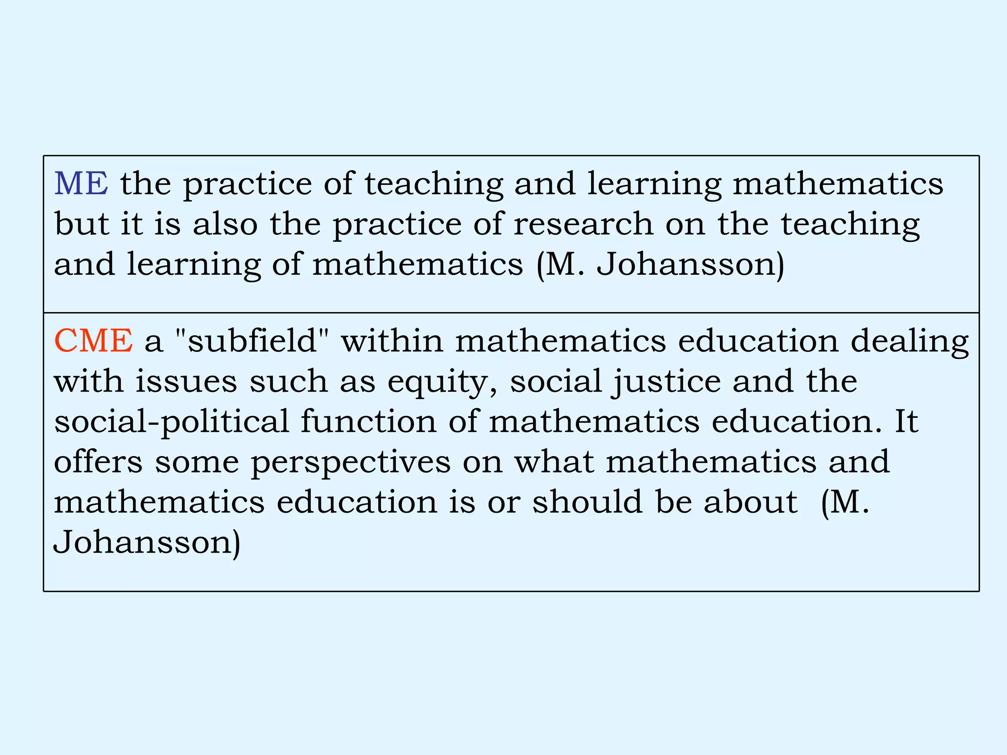 CME  a "subfield" within mathematics education dealing with issues such as equity, social justice and the social-political function of mathematics education. It offers some perspectives on what mathematics and mathematics education is or should be about  (M. Johansson) ME  the practice of teaching and learning mathematics but it is also the practice of research on the teaching and learning of mathematics (M. Johansson) 