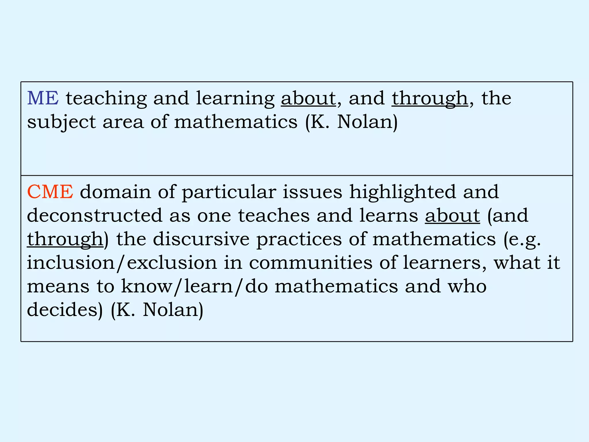 CME  domain of particular issues highlighted and deconstructed as one teaches and learns  about  (and  through ) the discursive practices of mathematics (e.g. inclusion/exclusion in communities of learners, what it means to know/learn/do mathematics and who decides) (K. Nolan) ME  teaching and learning  about , and  through , the subject area of mathematics (K. Nolan) 
