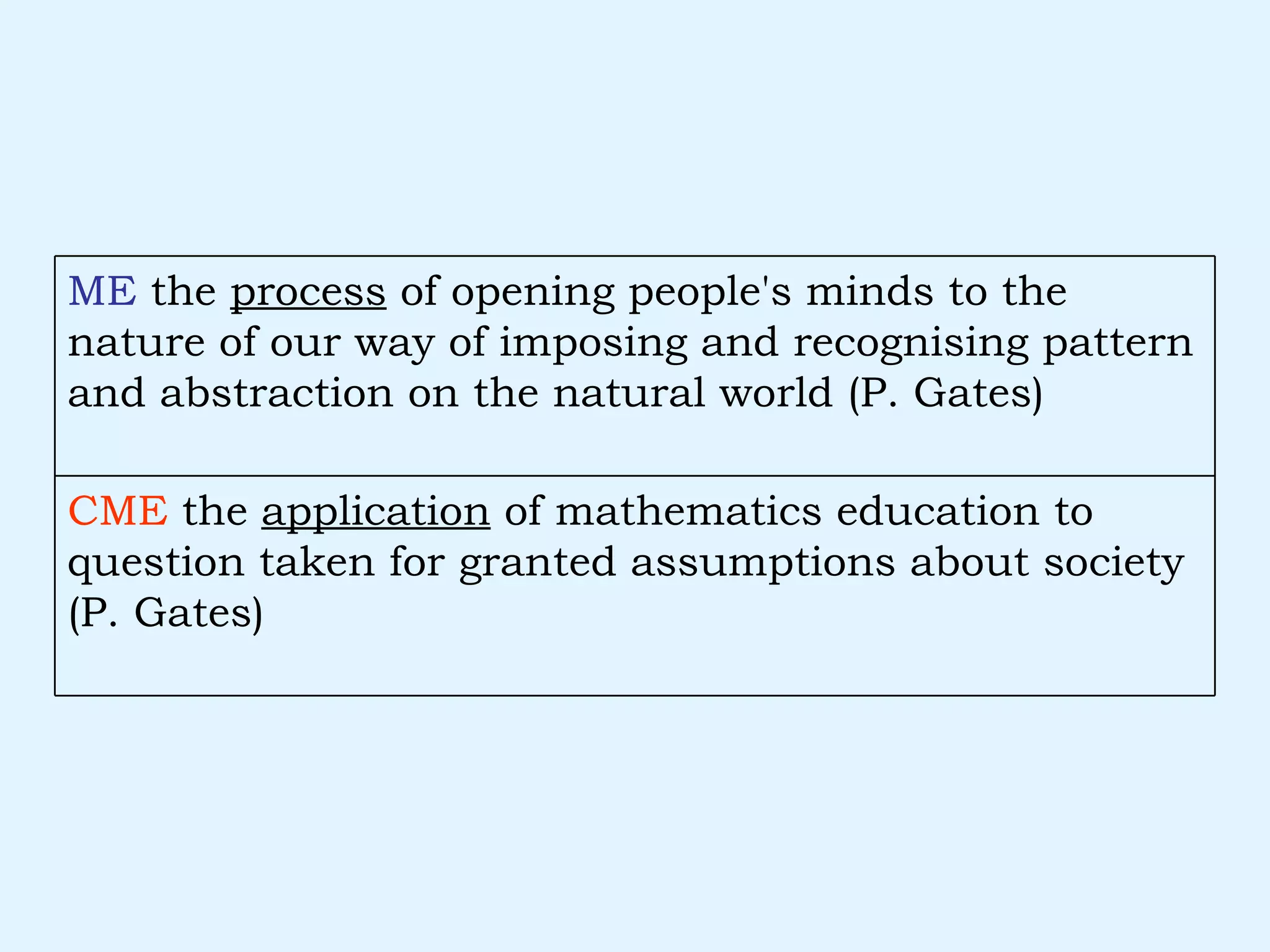 CME  the  application  of mathematics education to question taken for granted assumptions about society (P. Gates) ME  the  process  of opening people's minds to the nature of our way of imposing and recognising pattern and abstraction on the natural world (P. Gates) 