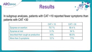 Mesa 2. Control y biomarcadores
Results
In subgroup analyses, patients with CAT <10 reported fewer symptoms than
patients with CAT >30
 