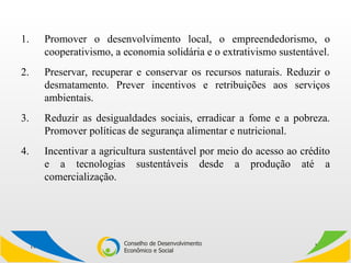 Promover o desenvolvimento local, o empreendedorismo, o cooperativismo, a economia solidária e o extrativismo sustentável. Preservar, recuperar e conservar os recursos naturais. Reduzir o desmatamento. Prever incentivos e retribuições aos serviços ambientais. Reduzir as desigualdades sociais, erradicar a fome e a pobreza. Promover políticas de segurança alimentar e nutricional. Incentivar a agricultura sustentável por meio do acesso ao crédito e a tecnologias sustentáveis desde a produção até a comercialização. 