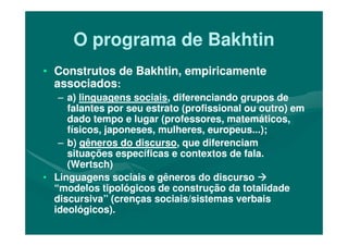 O programa de BakhtinO programa de Bakhtin
•• Construtos de Bakhtin, empiricamenteConstrutos de Bakhtin, empiricamente
associadosassociados::
–– a)a) linguagens sociaislinguagens sociais, diferenciando grupos de, diferenciando grupos de
falantes por seu estrato (profissional ou outro) emfalantes por seu estrato (profissional ou outro) em
dado tempo e lugar (professores, matemáticos,dado tempo e lugar (professores, matemáticos,dado tempo e lugar (professores, matemáticos,dado tempo e lugar (professores, matemáticos,
físicos, japoneses, mulheres, europeus...);físicos, japoneses, mulheres, europeus...);
–– b)b) gêneros do discursogêneros do discurso, que diferenciam, que diferenciam
situações específicas e contextos de fala.situações específicas e contextos de fala.
(Wertsch)(Wertsch)
•• Linguagens sociais e gêneros do discursoLinguagens sociais e gêneros do discurso
“modelos tipológicos de construção da totalidade“modelos tipológicos de construção da totalidade
discursiva” (crenças sociais/sistemas verbaisdiscursiva” (crenças sociais/sistemas verbais
ideológicos).ideológicos).
 