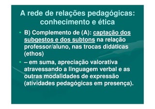 A rede de relações pedagógicas:A rede de relações pedagógicas:
conhecimento e éticaconhecimento e ética
•• B) Complemento de (A):B) Complemento de (A): captação doscaptação dos
subgestos e dos subtonssubgestos e dos subtons na relaçãona relação
professor/aluno, nas trocas didáticasprofessor/aluno, nas trocas didáticas
(ethos)(ethos)(ethos)(ethos)
•• –– em suma, apreciação valorativaem suma, apreciação valorativa
atravessando a linguagem verbal e asatravessando a linguagem verbal e as
outras modalidades de expressãooutras modalidades de expressão
(atividades pedagógicas em presença).(atividades pedagógicas em presença).
 