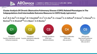 Fumadores
Función respiratoria normal
Enfisema Incipiente
Fumadores
Función respiratoria reducida
No enfisema
Grandes fumadores
EPOC leve
Mínimo enfisema
Fumadores moderados
EPOC leve
Alto uso de CI
EPOC graves
Baja función pulmonar
Mucho enfisema
Alto uso de CI
 