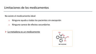 Limitaciones de los medicamentos
No existe el medicamento ideal:
o Ninguno ayuda a todos los pacientes sin excepción
o Ninguno carece de efectos secundarios
 La metadona es un medicamento
 