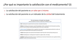¿Por qué es importante la satisfacción con el medicamento? (I)
o La satisfacción del paciente es un valor por sí mismo
o La satisfacción del paciente es un indicador de la calidad del tratamiento
The Six Domains of Health Care Quality
(National Academies of Sciences, Engineering, and Medicine. 2018)
 