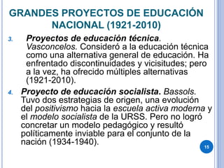 GRANDES PROYECTOS DE EDUCACIÓN
NACIONAL (1921-2010)
3. Proyectos de educación técnica.
Vasconcelos. Consideró a la educación técnica
como una alternativa general de educación. Ha
enfrentado discontinuidades y vicisitudes; pero
a la vez, ha ofrecido múltiples alternativas
(1921-2010).
4. Proyecto de educación socialista. Bassols.
Tuvo dos estrategias de origen, una evolución
del positivismo hacia la escuela activa moderna y
el modelo socialista de la URSS. Pero no logró
concretar un modelo pedagógico y resultó
políticamente inviable para el conjunto de la
nación (1934-1940). 15
 