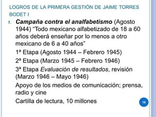 LOGROS DE LA PRIMERA GESTIÓN DE JAIME TORRES
BODET I
1. Campaña contra el analfabetismo (Agosto
1944) “Todo mexicano alfabetizado de 18 a 60
años deberá enseñar por lo menos a otro
mexicano de 6 a 40 años”
1ª Etapa (Agosto 1944 – Febrero 1945)
2ª Etapa (Marzo 1945 – Febrero 1946)
3ª Etapa Evaluación de resultados, revisión
(Marzo 1946 – Mayo 1946)
Apoyo de los medios de comunicación; prensa,
radio y cine
Cartilla de lectura, 10 millones 19
 