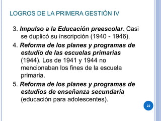 LOGROS DE LA PRIMERA GESTIÓN IV
3. Impulso a la Educación preescolar. Casi
se duplicó su inscripción (1940 - 1946).
4. Reforma de los planes y programas de
estudio de las escuelas primarias
(1944). Los de 1941 y 1944 no
mencionaban los fines de la escuela
primaria.
5. Reforma de los planes y programas de
estudios de enseñanza secundaria
(educación para adolescentes).
22
 