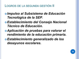 LOGROS DE LA SEGUNDA GESTIÓN II
Impulso al Subsistema de Educación
Tecnológica de la SEP.
Establecimiento del Consejo Nacional
Técnico de Educación.
Aplicación de pruebas para valorar el
rendimiento de la educación primaria.
Establecimiento generalizado de los
desayunos escolares.
29
 