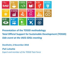 1
Pali Lehohla
Expert and member of the TOSSD Task Force
Presentation of the TOSSD methodology
Total Official Support for Sustainable Development (TOSSD)
Side event at the IAEG-SDGs meeting
Stockholm, 6 November 2018
 