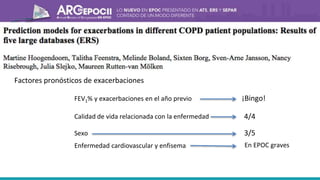 Factores pronósticos de exacerbaciones
FEV1% y exacerbaciones en el año previo
Calidad de vida relacionada con la enfermedad
Sexo
¡Bingo!
4/4
3/5
Enfermedad cardiovascular y enfisema En EPOC graves
 