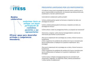 PREGUNTAS LANTEADAS POR LOS PARTICIPANTES:
                                        • El enfermo crónico tiene necesidades de atención social y sanitaria, por lo
                                        que es imprescindible la coordinación. ¿Es necesario que exista primero esta
                                        coordinación a nivel de la administración?

 Modelos                                •¿Consideráis la colaboración publico-privada?
 colaborativos                          •¿Cómo y dónde podrían ayudar las farmacias a implantar con éxito una
                 evolucionar hacia un   estrategia de crónicos?
                  enfoque con mayor
                                        •¿Cómo y dónde podríanayudar las farmacias a implantar con éxito una
                   participación de     estrategia de crónicos?
                      ciudadanos,
                    pacientes y sus     •¿Cómo alinear a todos los protagonistas frente a un proyecto tan transversal?
                    representantes      •Comunicar y cooperar: ¿cómo alcanzar homogeneidad en sistemas de
                                        información para facilitar la comunicación?
Ofrecer apoyo para desarrollar
actitudes y competencias                •Para que la implantación de la estrategia sea un éxito, el factor humano es
innovadoras.                            fundamental.
                                        ¿Cómo se gestionan los problemas de cambios de rol que se necesitan para
                                        que los profesionales se impliquen en la posterior implantación de la
                                        estrategia?

                                        •Para que la implantación de la estrategia sea un éxito, el factor humano es
                                        fundamental.
                                        ¿Cómo se gestionan los problemas de cambios de rol que se necesitan para
                                        que los profesionales se impliquen en la posterior implantación de la
                                        estrategia?

                                        •¿Cómo evaluar múltiples estrategias/programas de cronicidad multi-
                                        componente, integrados, con diferentes niveles, diversos proveedores?
                                        • ¿Cómo facilitar la colaboración?
 