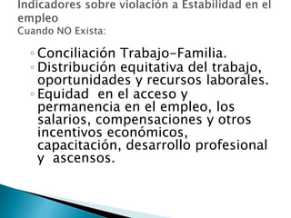 ◦ Conciliación Trabajo-Familia. 
◦ Distribución equitativa del trabajo, 
oportunidades y recursos laborales. 
◦ Equidad en el acceso y 
permanencia en el empleo, los 
salarios, compensaciones y otros 
incentivos económicos, 
capacitación, desarrollo profesional 
y ascensos. 
 