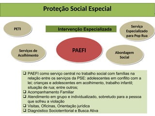 Intervenção Especializada
Serviços de
Acolhimento
Serviços de
Acolhimento
PETI
PETI
Abordagem
Social
Abordagem
Social
PAEFI
PAEFI
 PAEFI como serviço central no trabalho social com famílias na
relação entre os serviços da PSE: adolescentes em conflito com a
lei; crianças e adolescentes em acolhimento, trabalho infantil;
situação de rua; entre outros;
 Acompanhamento Familiar
 Atendimento em grupo e individualizado, sobretudo para a pessoa
que sofreu a violação
 Visitas, Oficinas, Orientação jurídica
 Diagnóstico Socioterritorial e Busca Ativa
Serviço
Especializado
para Pop Rua
Serviço
Especializado
para Pop Rua
Proteção Social Especial
 