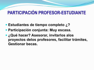 PARTICIPACIÓN PROFESOR-ESTUDIANTEEstudiantes de tiempo completo ¿?Participación conjunta: Muy escasa.¿Qué hacer? Asesorar, invitarlos alos proyectos delos profesores, facilitar trámites, Gestionar becas.
