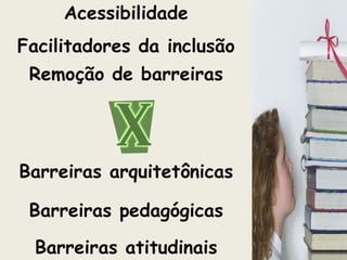Barreiras arquitetônicas
Barreiras pedagógicas
Barreiras atitudinais
Acessibilidade
Facilitadores da inclusão
Remoção de barreiras
 
