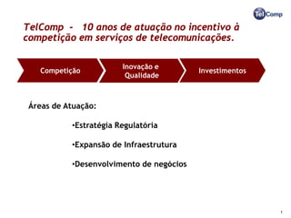 TelComp - 10 anos de atuação no incentivo à
competição em serviços de telecomunicações.

                        Inovação e
   Competição                             Investimentos
                         Qualidade



 Áreas de Atuação:

           •Estratégia Regulatória

           •Expansão de Infraestrutura

           •Desenvolvimento de negócios




                                                          1
 