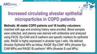 Mesa 4. Nuevos abordajes y futuro de la EPOC
Titular tabla
Increased circulating alveolar epithelial
microparticles in COPD patients
Methods: 46 stable COPD patients and 16 healthy volunteers
matched with age and smoking history were enrolled. Blood samples
were collected, and plasma was stained with antibodies and analyzed
using FACS. Ep-CAM and E-cadherin are specific markers for epithelial
cells. RAGE is highly expressed in alveolar type I cells. We defined
Alveolar Epithelial MPs as follow; RAGE+/Ep-CAM+ MPs (Alveolar Ep-
CAM MPs) and RAGE+/E-cadherin+ MPs (Alveolar E-cad MPs).
 