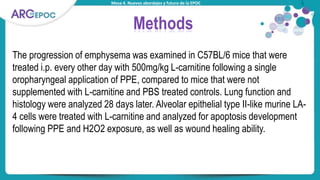 Mesa 4. Nuevos abordajes y futuro de la EPOC
Methods
The progression of emphysema was examined in C57BL/6 mice that were
treated i.p. every other day with 500mg/kg L-carnitine following a single
oropharyngeal application of PPE, compared to mice that were not
supplemented with L-carnitine and PBS treated controls. Lung function and
histology were analyzed 28 days later. Alveolar epithelial type II-like murine LA-
4 cells were treated with L-carnitine and analyzed for apoptosis development
following PPE and H2O2 exposure, as well as wound healing ability.
 