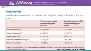 Conclusión
La reducción de volumen ha demostrado ser eficaz en el enfisema pulmonar
grave
- Mejoría en la función pulmonar, calidad de vida y capacidad de ejercicio
- La ablación por vapor ofrece unos resultados positivos
- Esta técnica abre nuevas posibilidades en la terapia de reducción de volumen
pulmonar.
Lancet Respir Med 2016; 4: 185–93
 