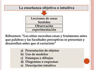 La enseñanza objetiva o intuitiva
Lecciones de cosas
Sentidos
Observación
experimentación
Rébsamen: “Los niños necesitan cosas y fenómenos antes
que palabras y las facultades perceptivas se presentan y
desarrollan antes que el raciocinio”
a) Presentación de objetos
b) Uso de modelos
c) Estampas o dibujos
d) Diagramas o esquemas
e) Descripción intuitiva
 