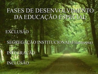 FASES DE DESENVOLVIMENTOFASES DE DESENVOLVIMENTO
DA EDUCAÇÃO ESPECIALDA EDUCAÇÃO ESPECIAL

EXCLUSÃOEXCLUSÃO
 SEGREGAÇÃO INSTITUCIONAL(Filantropia)SEGREGAÇÃO INSTITUCIONAL(Filantropia)
 INTEGRAÇÃOINTEGRAÇÃO
 INCLUSÃOINCLUSÃO
 