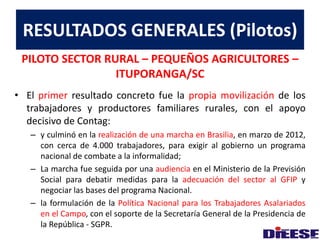 RESULTADOS GENERALES (Pilotos) 
PILOTO SECTOR RURAL – PEQUEÑOS AGRICULTORES – 
ITUPORANGA/SC 
• El primer resultado concreto fue la propia movilización de los 
trabajadores y productores familiares rurales, con el apoyo 
decisivo de Contag: 
– y culminó en la realización de una marcha en Brasilia, en marzo de 2012, 
con cerca de 4.000 trabajadores, para exigir al gobierno un programa 
nacional de combate a la informalidad; 
– La marcha fue seguida por una audiencia en el Ministerio de la Previsión 
Social para debatir medidas para la adecuación del sector al GFIP y 
negociar las bases del programa Nacional. 
– la formulación de la Política Nacional para los Trabajadores Asalariados 
en el Campo, con el soporte de la Secretaría General de la Presidencia de 
la República - SGPR. 
 