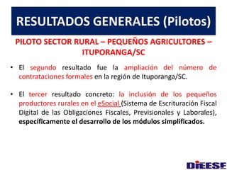 RESULTADOS GENERALES (Pilotos) 
PILOTO SECTOR RURAL – PEQUEÑOS AGRICULTORES – 
ITUPORANGA/SC 
• El segundo resultado fue la ampliación del número de 
contrataciones formales en la región de Ituporanga/SC. 
• El tercer resultado concreto: la inclusión de los pequeños 
productores rurales en el eSocial (Sistema de Escrituración Fiscal 
Digital de las Obligaciones Fiscales, Previsionales y Laborales), 
específicamente el desarrollo de los módulos simplificados. 
 