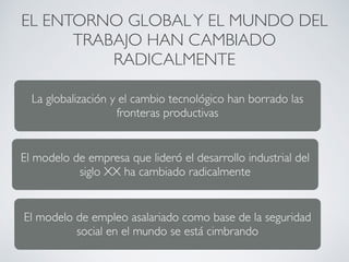 EL ENTORNO GLOBAL Y EL MUNDO DEL 
TRABAJO HAN CAMBIADO 
RADICALMENTE 
La globalización y el cambio tecnológico han borrado las 
fronteras productivas 
El modelo de empresa que lideró el desarrollo industrial del 
siglo XX ha cambiado radicalmente 
El modelo de empleo asalariado como base de la seguridad 
social en el mundo se está cimbrando 
 