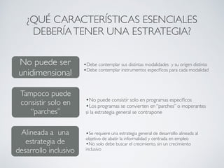 ¿QUÉ CARACTERÍSTICAS ESENCIALES 
DEBERÍA TENER UNA ESTRATEGIA? 
No puede ser 
unidimensional 
Tampoco puede 
consistir solo en 
“parches” 
Alinear la estrategia de desarrollo 
•Debe contemplar sus distintas modalidades y su origen distinto 
•Debe contemplar instrumentos específicos para cada modalidad 
•No puede consistir solo en programas específicos 
•Los programas se convierten en “parches” o inoperantes 
si la estrategia general se contrapone 
•Se requiere una estrategia general de desarrollo alineada al 
objetivo de abatir la informalidad y centrada en empleo 
•No solo debe buscar el crecimiento, sin un crecimiento 
inclusivo 
Alineada a una 
estrategia de 
desarrollo inclusivo 
 