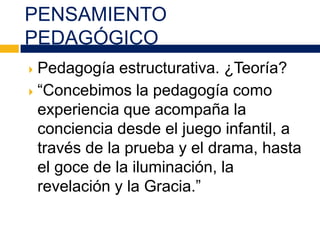 PENSAMIENTO
PEDAGÓGICO
 Pedagogía estructurativa. ¿Teoría?
 “Concebimos la pedagogía como
experiencia que acompaña la
conciencia desde el juego infantil, a
través de la prueba y el drama, hasta
el goce de la iluminación, la
revelación y la Gracia.”
 