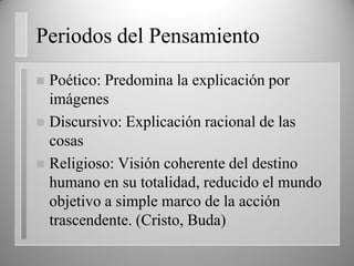 Periodos del Pensamiento
 Poético: Predomina la explicación por
imágenes
 Discursivo: Explicación racional de las
cosas
 Religioso: Visión coherente del destino
humano en su totalidad, reducido el mundo
objetivo a simple marco de la acción
trascendente. (Cristo, Buda)
 