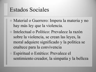 Estados Sociales
 Material o Guerrero: Impera la materia y no
hay más ley que la violencia.
 Intelectual o Político: Prevalece la razón
sobre la violencia, se crean las leyes, la
moral adquiere significado y la política se
enaltece para la convivencia
 Espiritual o Estético: Prevalece el
sentimiento creador, la simpatía y la belleza
 