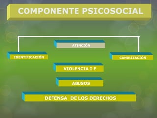 COMPONENTE PSICOSOCIAL
ATENCIÓN
IDENTIFICACIÓN
VIOLENCIA I F
ABUSOS
CANALIZACIÓN
DEFENSA DE LOS DERECHOS
 