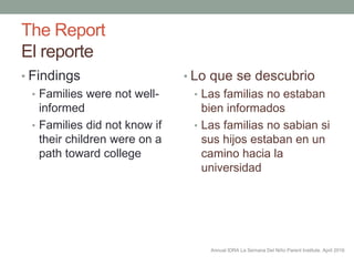 Annual IDRA La Semana Del Niño Parent Institute, April 2016
The Report
El reporte
• Findings
• Families were not well-
inf...