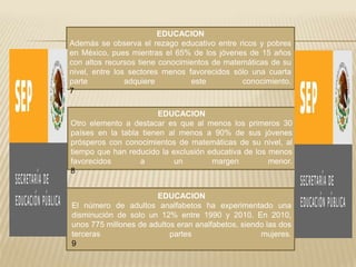 EDUCACION
Además se observa el rezago educativo entre ricos y pobres
en México, pues mientras el 65% de los jóvenes de 15 años
con altos recursos tiene conocimientos de matemáticas de su
nivel, entre los sectores menos favorecidos sólo una cuarta
parte           adquiere         este         conocimiento.
7

                       EDUCACION
Otro elemento a destacar es que al menos los primeros 30
países en la tabla tienen al menos a 90% de sus jóvenes
prósperos con conocimientos de matemáticas de su nivel, al
tiempo que han reducido la exclusión educativa de los menos
favorecidos       a         un        margen          menor.
8


                       EDUCACION
El número de adultos analfabetos ha experimentado una
disminución de solo un 12% entre 1990 y 2010. En 2010,
unos 775 millones de adultos eran analfabetos, siendo las dos
terceras                   partes                   mujeres.
9
 
