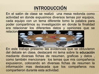 INTRODUCCIÓN
En el salón de clase se realizó una mesa redonda como
actividad en donde expusimos diversos temas por equipos,
cada equipo con un tema diferente tomo la palabra para
poder compartirnos su investigación en donde la finalidad
era relacionar los diferentes datos y opiniones que se
relacionaban entre si.




En este trabajo presento las evidencias que se obtuvieron
del debate en clase, destacaré mi tema sobre la educación
mediante diversas fichas de resumen, graficas y datos ,
como también mencionare los temas que mis compañeros
expusieron, colocando en diversas fichas de resumen la
información mas destacada que los compañeros nos
compartieron durante esta actividad.
 