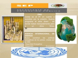 ONU
Corea es el #1 en cuanto a
suicidios por la presión, Suecia
programa el slow down , en
donde traban tranquilamente pero
a       un      ritmo      firme.
30

AGENCIA INTERNACIONAL DE
ENERGIA
Busca     coordinar    las    políticas
energéticas de los países, creada por
la OSD
-Seguridad Energética
-Desarrollo                Económico
31
-Cuidado del medio Ambiente.
 