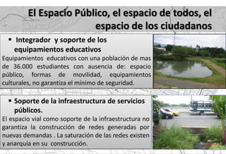 El Espacio Público, el espacio de todos, el
                        espacio de los ciudadanos
   Integrador y soporte de los
    equipamientos educativos
Equipamientos educativos con una población de mas
de 36.000 estudiantes con ausencia de: espacio
público, formas de movilidad, equipamientos
culturales, no garantiza el mínimo de seguridad.

   Soporte de la infraestructura de servicios
    públicos.
El espacio vial como soporte de la infraestructura no
garantiza la construcción de redes generadas por
nuevas demandas . La saturación de las redes existen
y anarquía en su construcción.
 